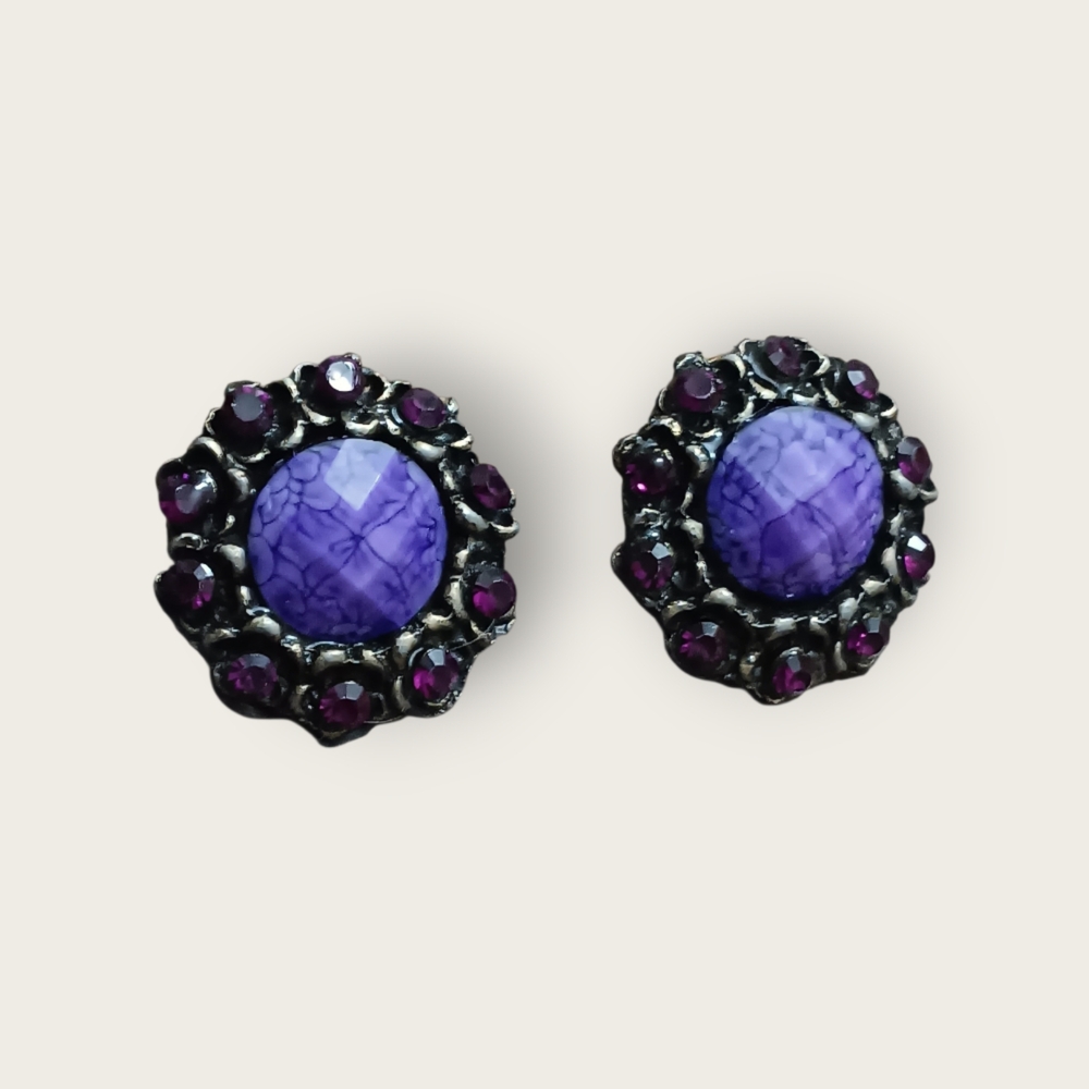 🌟3/$15 Antique Gold Round Purple Rhinestone Earrings